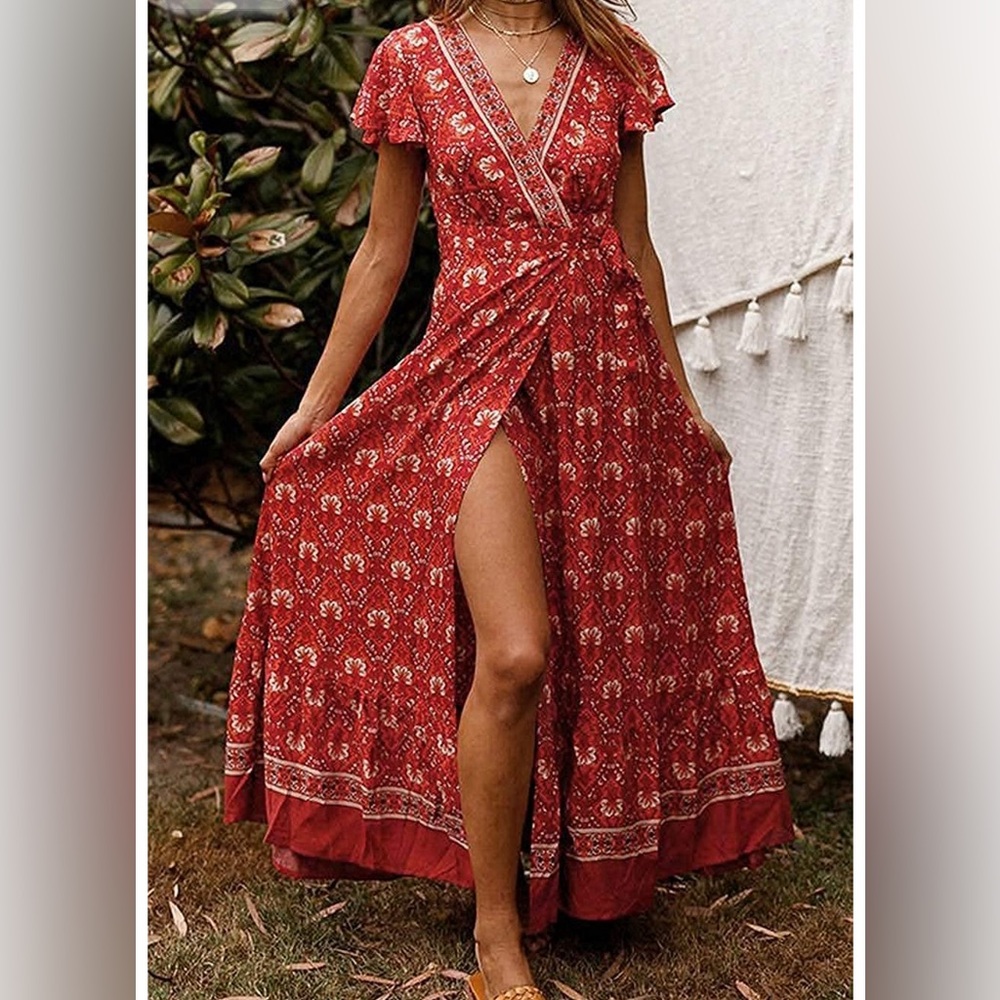 Red Floral Wrap Maxi Dress